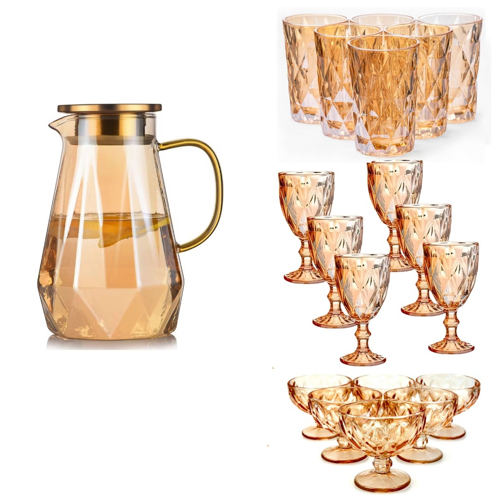 KIT COMPLETO Jarra Diamond 1,8L, 6 Taças 320ML, 6 Copos 390ML e 6 Taças de sobremesa Prese...