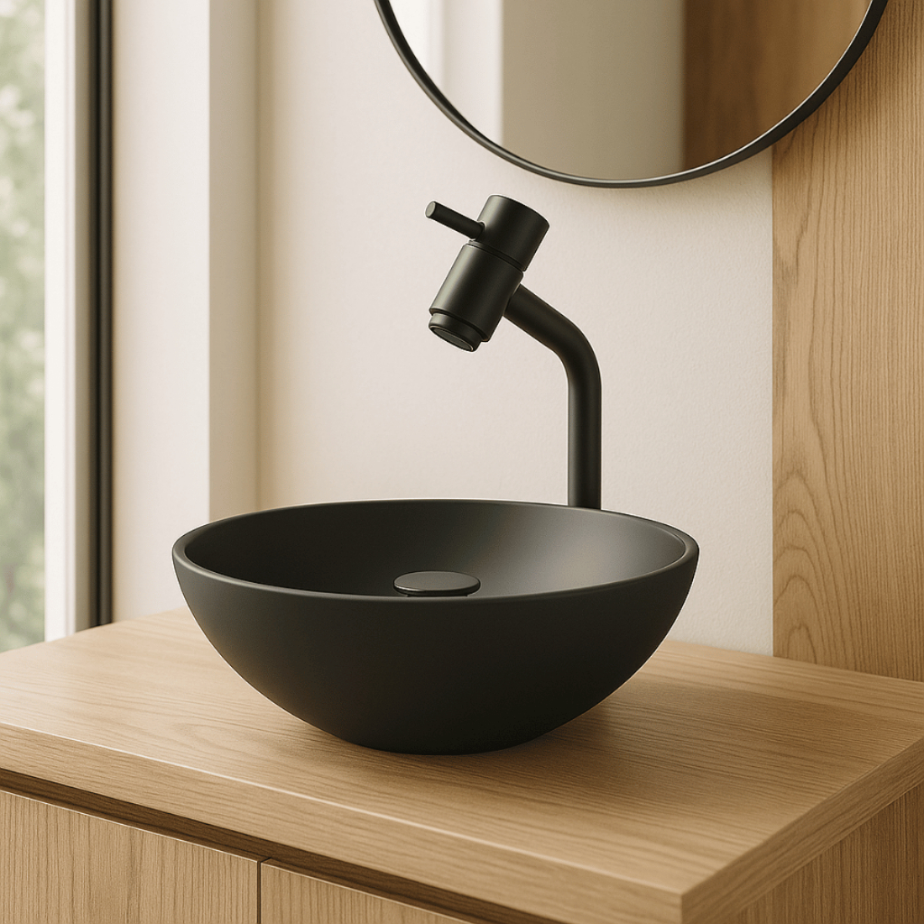 KIT CUBA DE VIDRO P/ BANHEIRO LAVABO REDONDA 35CM + TORNEIRA LINK ALTA E VÁLVULA CLICK COR FOSCA em Oferta na Shopee