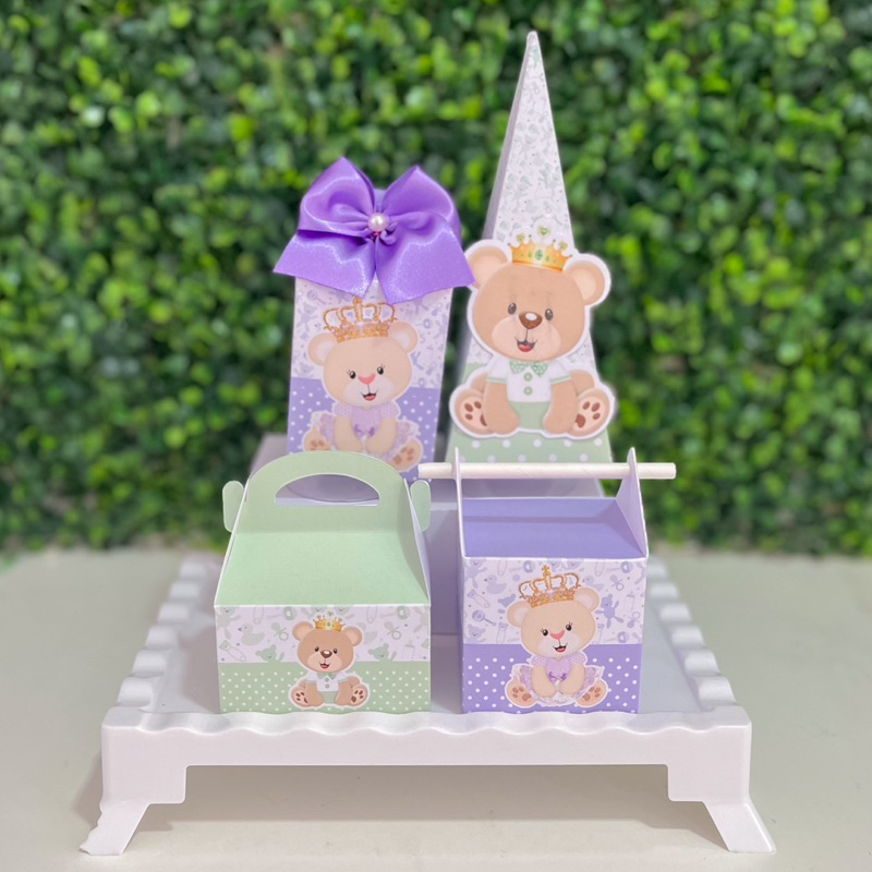 Kit Festa Chá Revelação Ursinha Realeza | Lembrancinha | Aniversário | Caixa Milk Pirâmide Decoração
