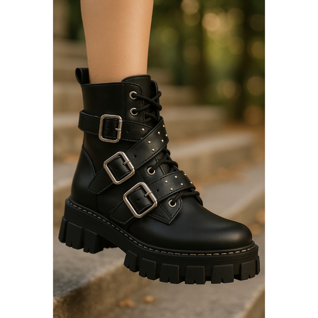 Coturno Feminino Tratorado com Fivelas – Plataforma, Cano Médio, Solado Grosso, Estilo Urbano e Conforto