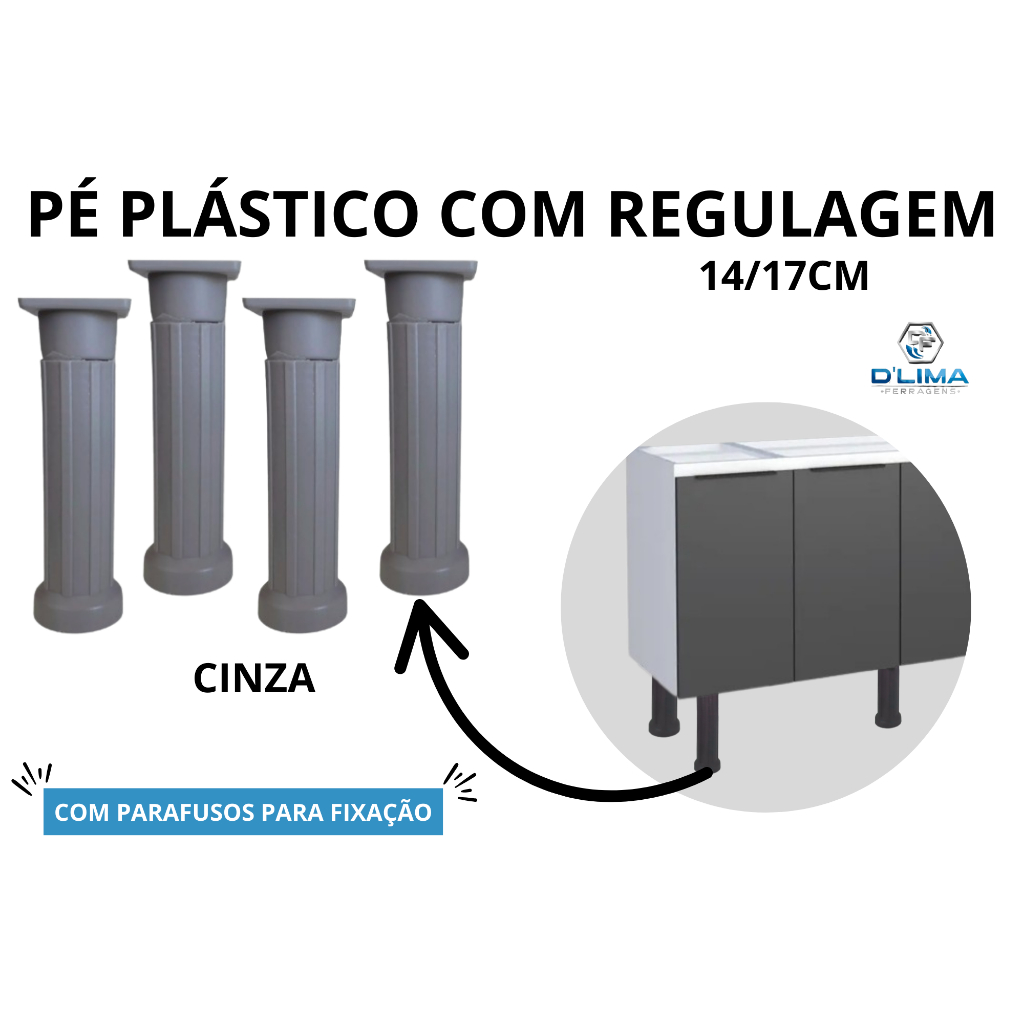 Kit 4 Pé Plástico Regulagem De Armário Móveis Cozinha Pia Gabinete 14 Até 17cm Cinza