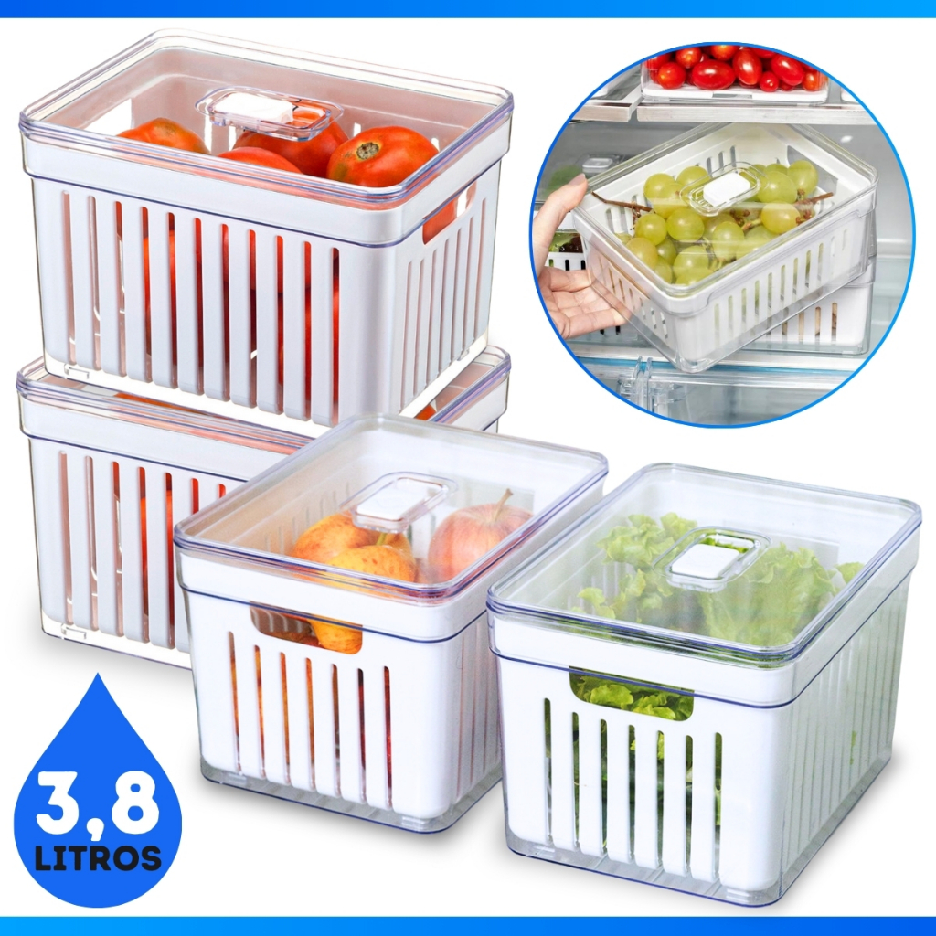 Organizadores de Geladeira 3,8 ou 1,9 Litros Cesto C/ Tampa Multiuso Alimento Verdura e Vegetal