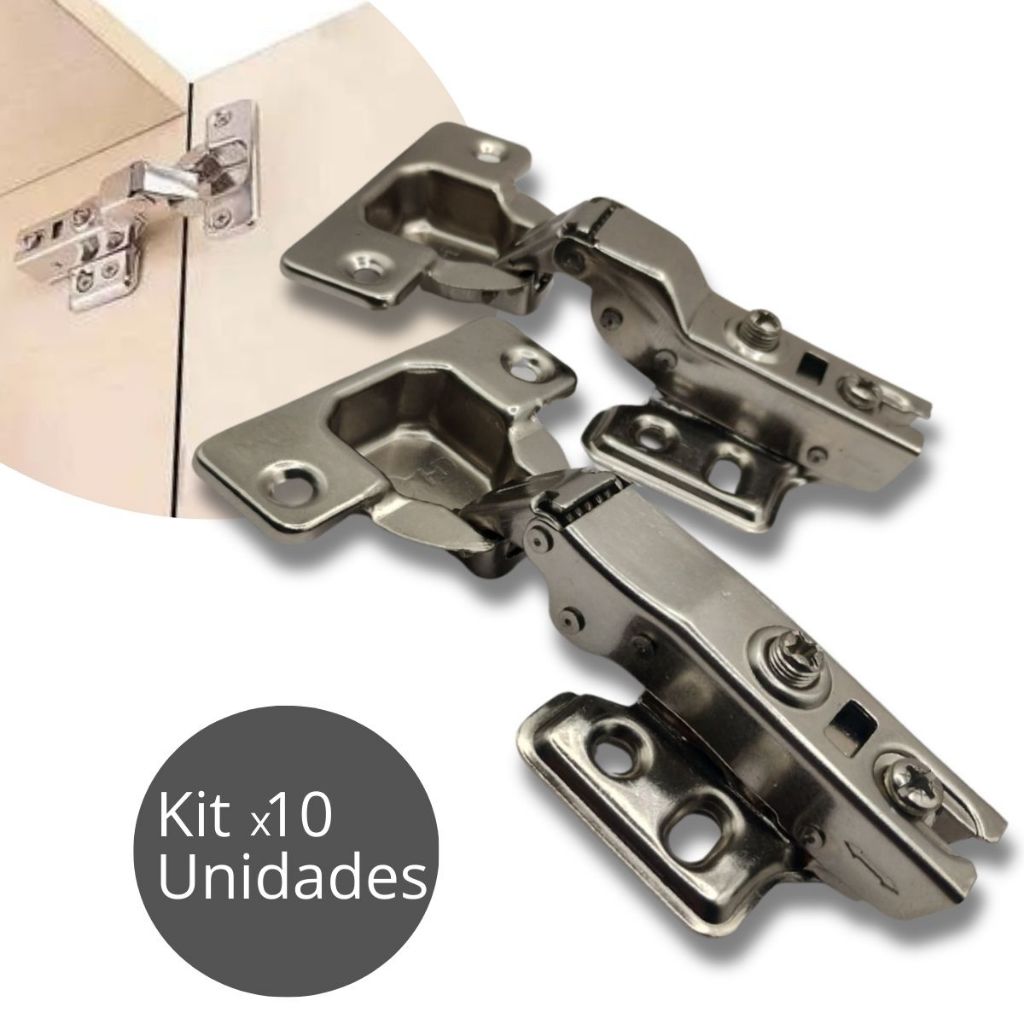 Kit 10 Dobradiças 35mm Com Pistão Amortecedor Curva e reta Calço Fixo para Porta Armário