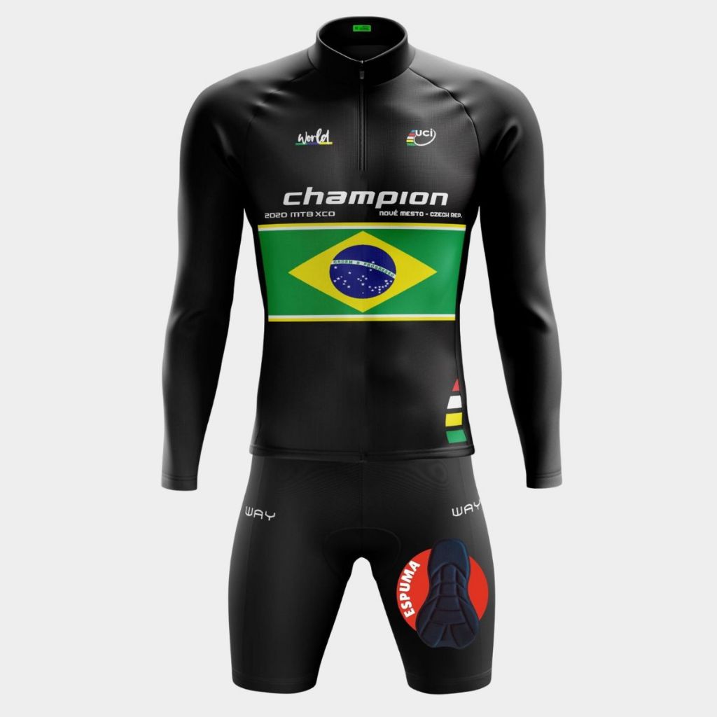 Conjunto Ciclista Masculino Kit Camiseta Manga Longa Pro UV Bermuda Short Forro Espuma Bike