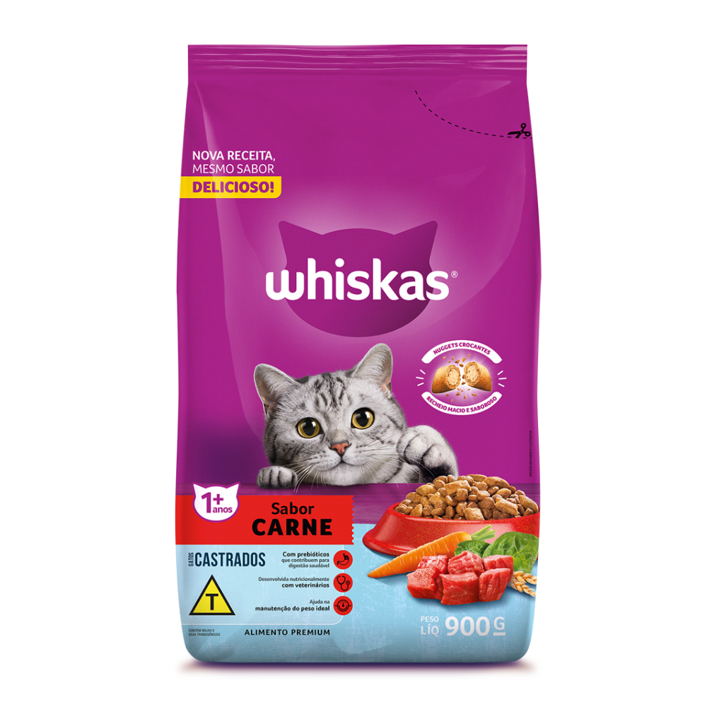 Ração Whiskas Gatos Adultos Castrados sabor Carne 900g em Oferta na Shopee