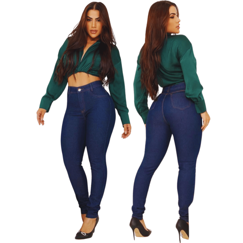 Calça Jeans Feminina Empina Bumbum Cintura Alta Azul Tradicional Com Lycra Moda Elastano Promoção
