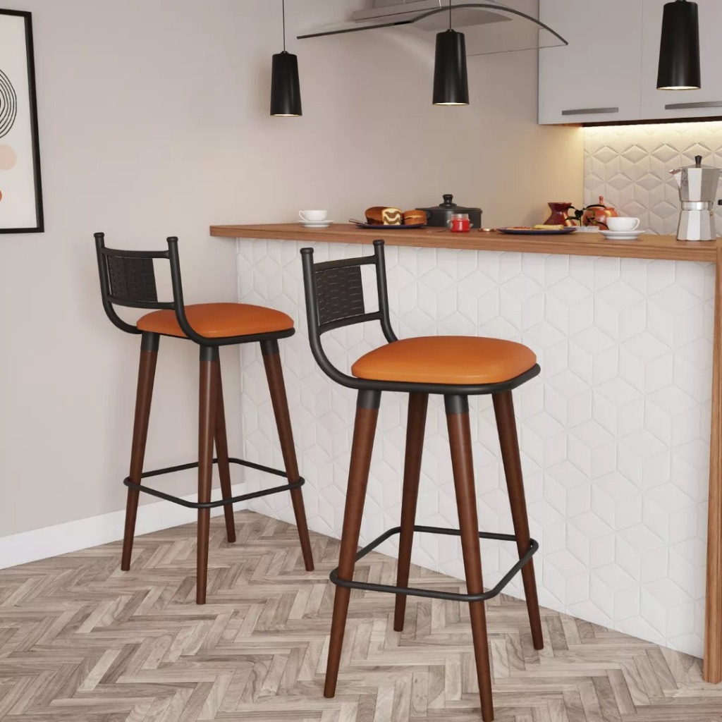 Kit 2 Banquetas Alta com Pés de Madeira para Balcão Bancada Bistrô Moderna Luxo