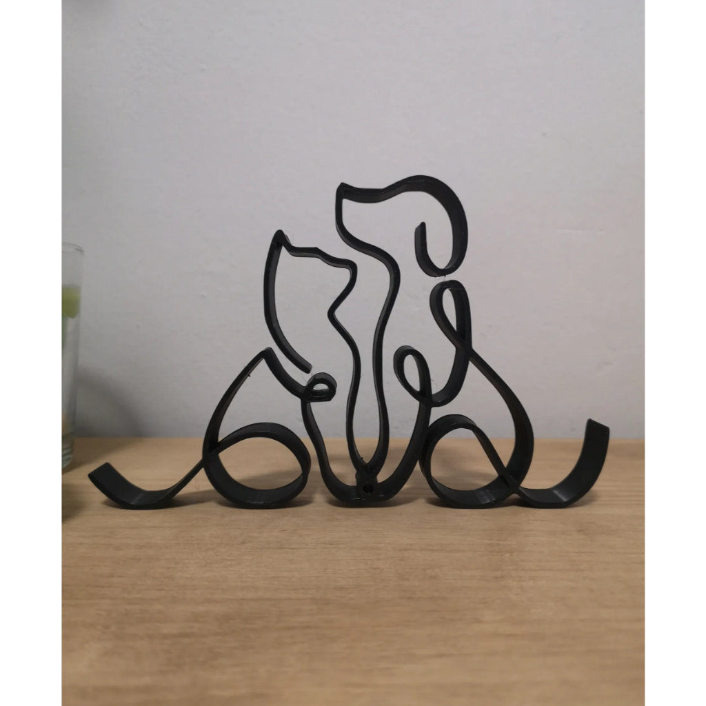scultura Decorativa Gato e Cachorro Line Art - Impressão 3D PETG 10x17cm - Arte Minimalista Moderna - Decoração Pet Love