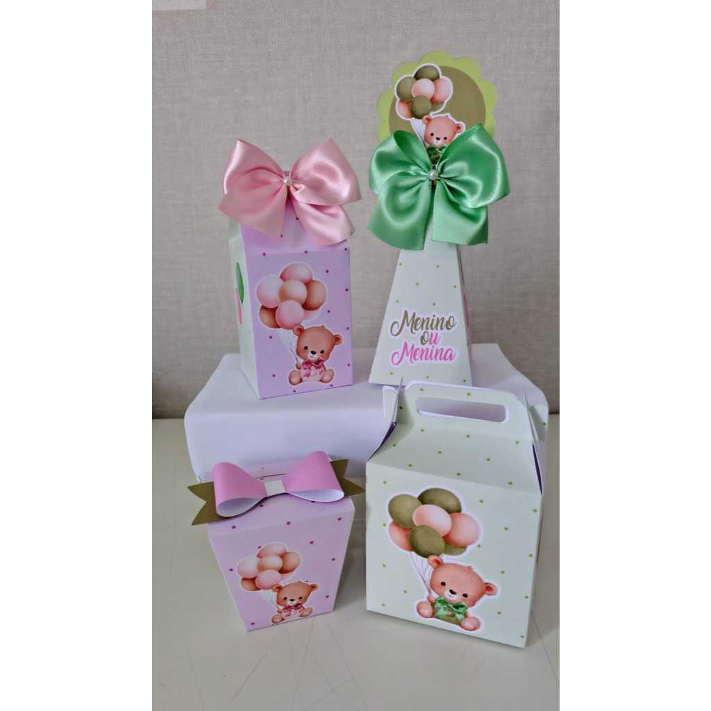 PEGUE E MONTE - KIT CHÁ REVELAÇAO URSINHOS ROSA E VERDE  festa,lembrancinhas e caixas