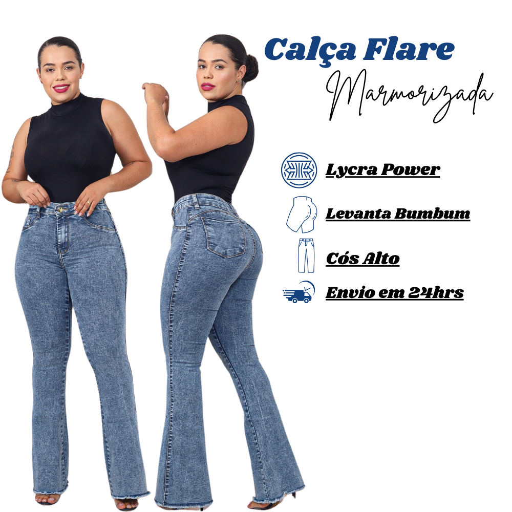 Calça Jeans Feminina Flare Marmorizada Cos Alto Modelagem Levanta Bumbum Com Lycra