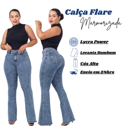 Calça Jeans Feminina Flare Marmorizada Cos Alto Modelagem Levanta Bumbum Com Lycra