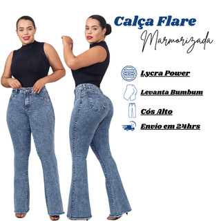 Calça Jeans Feminina Flare Marmorizada Cos Alto Modelagem Levanta Bumbum Com Lycra