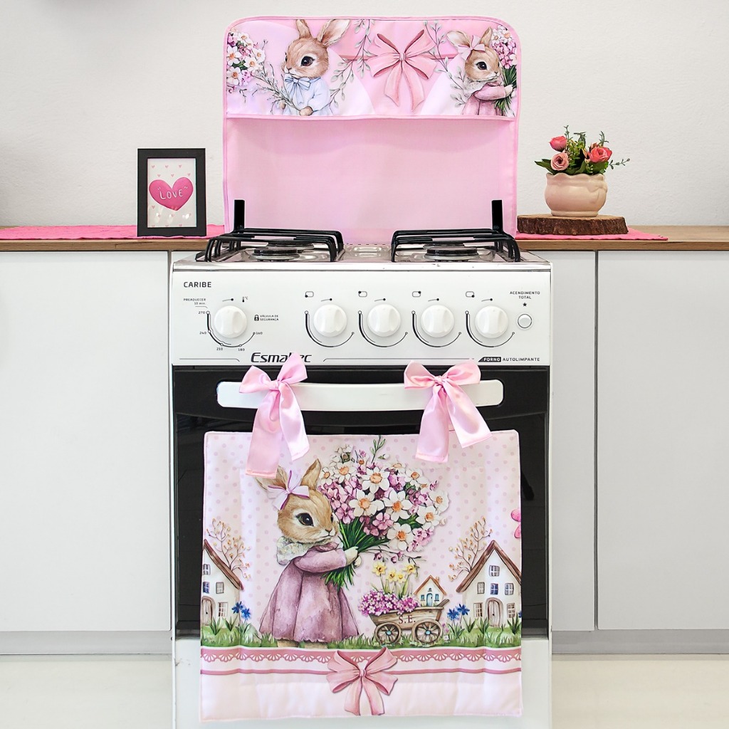 Kit Decoração Capa e Cortina Forno Para Fogão de 5 e 6  Bocas  Coleção Páscoa Digital Coelhinha em Oferta na Shopee