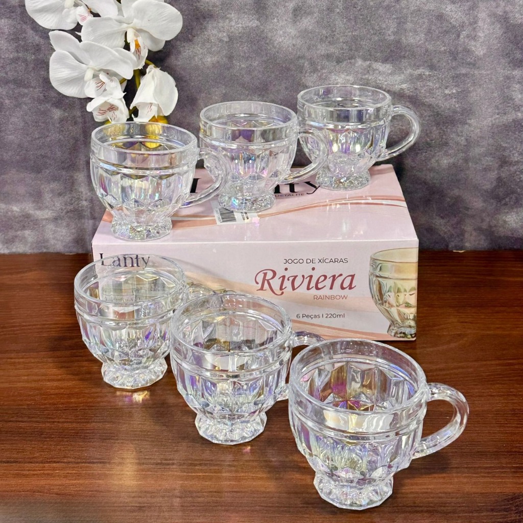 Jogo de Xicaras 6 Unidades Riviera Vidro Ambar Fruta Rainbow Cristal Brilhante Luxuoso Rose 220ML