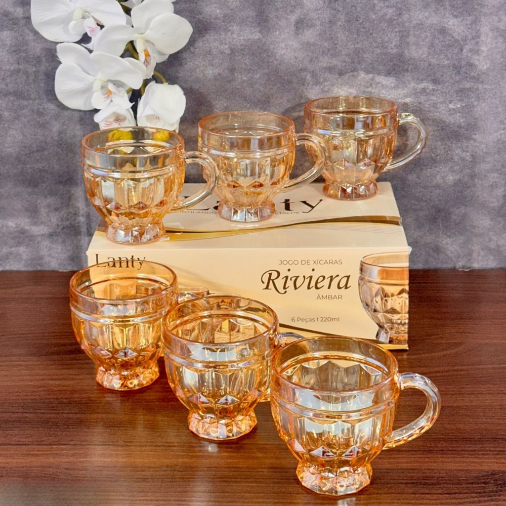 Jogo de Xicaras 6 Unidades Riviera Vidro Ambar Fruta Rainbow Cristal Brilhante Luxuoso Rose 200ML