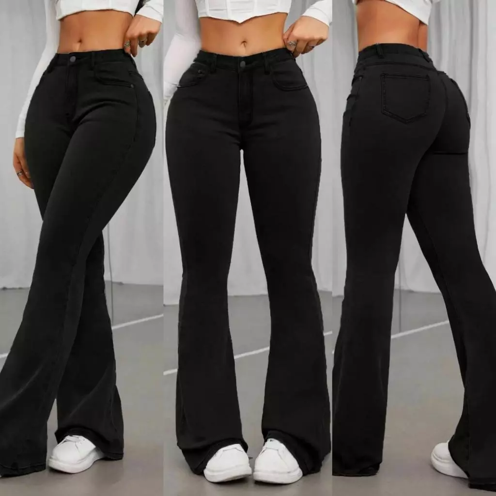 calça flare feminina jeans com elastano levanta bumbum cintura alta cor preta