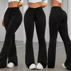 calça flare feminina jeans com elastano levanta bumbum cintura alta cor preta