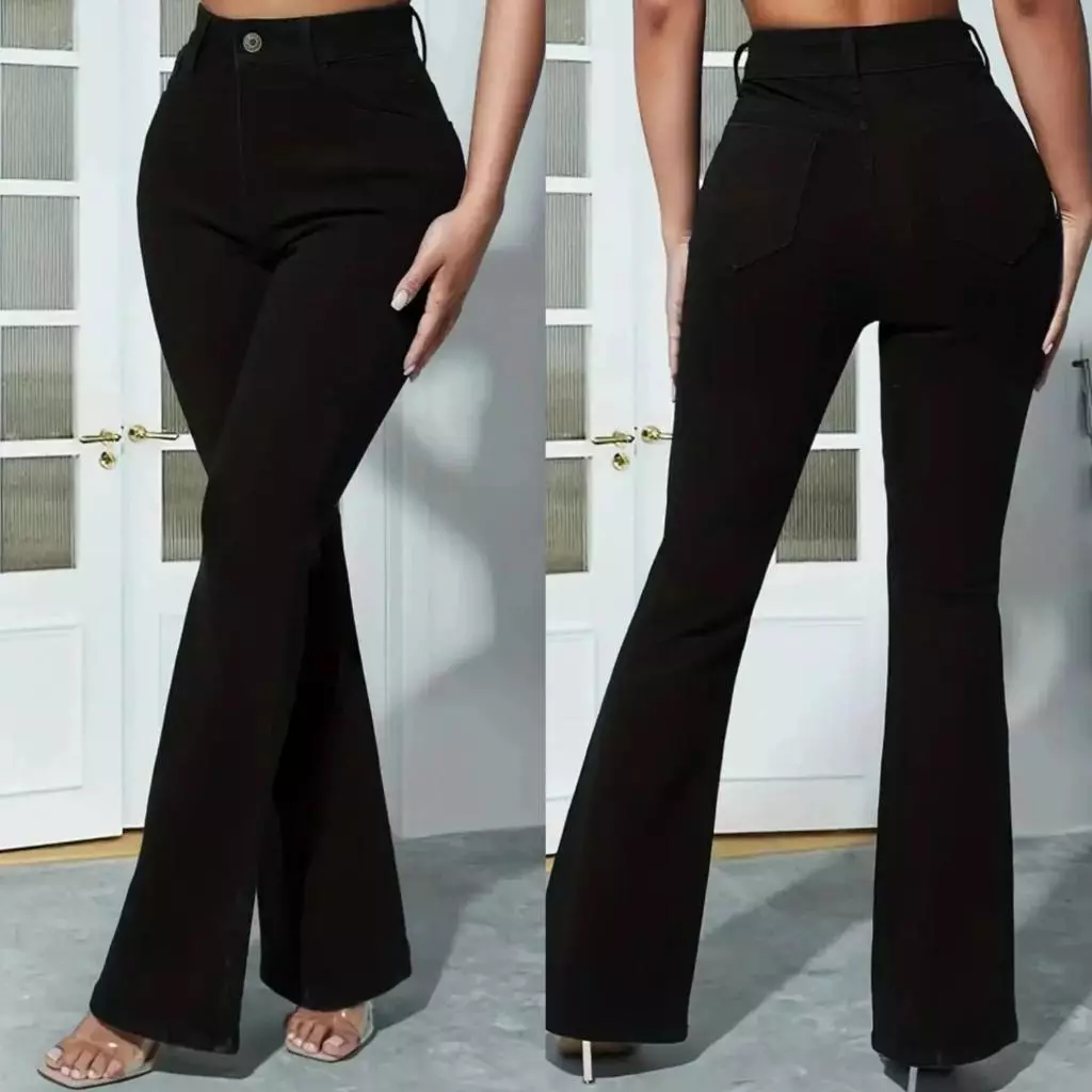 calça flare feminina jeans levanta bumbum cintura alta cor preta