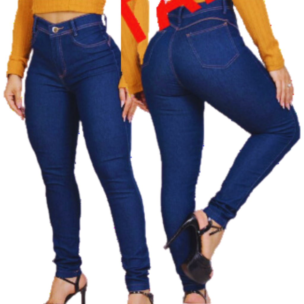 Calça Jeans Feminina Cintura Alta Com Lycra e Elastano Moda Levanta Bumbum Lavagem Escura Premium em Oferta na Shopee