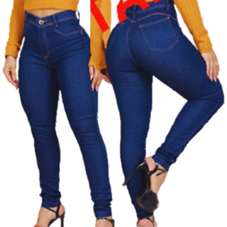 Calça Jeans Feminina Cintura Alta Com Lycra e Elastano Moda Levanta Bumbum Lavagem Escura Premium em Oferta na Shopee