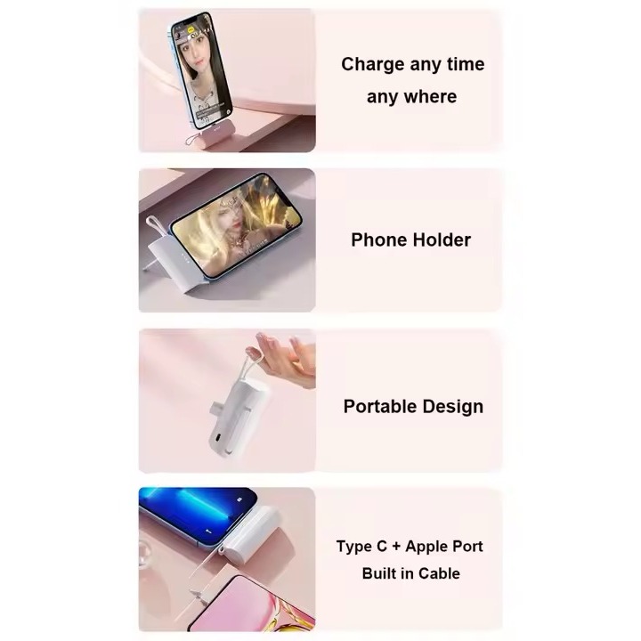 Carregador Mini Power Bank 5000mAh Bateria Sem Fio 2em1 Carregador Portátil para iPhone e Tipo-C