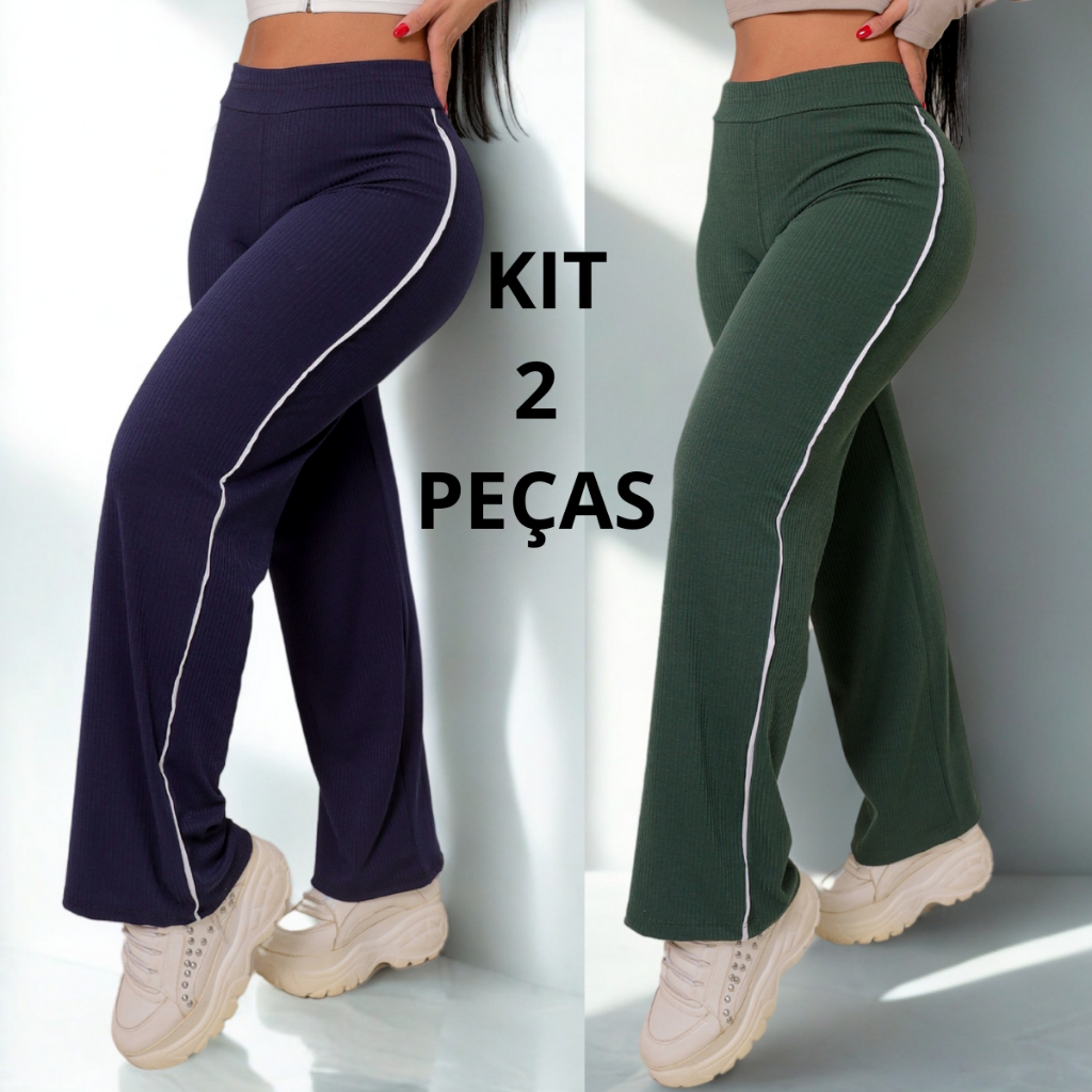KIT 2 Calça Feminina Canelada com Detalhe Branco Lateral Confortável Casual em Algodão e Elastano