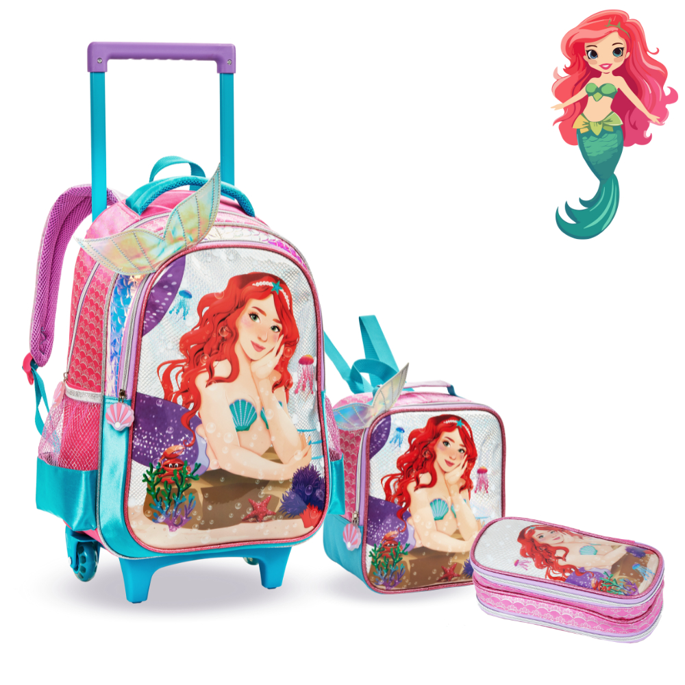 Mochila Infantil Menina Rodinha Sereia Ariel Escolar Feminina Kit com Lancheira Térmica e Estojo Duplo