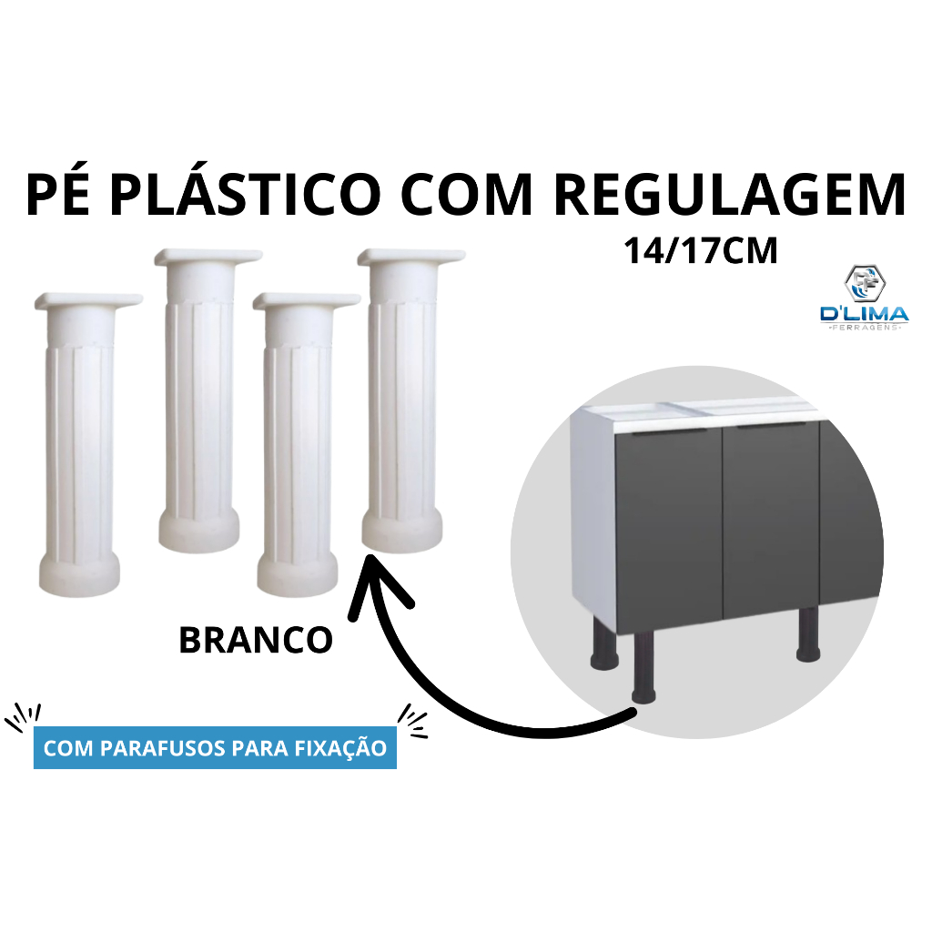 Kit 4 Pé Plástico Regulagem De Armário Móveis Cozinha Pia Gabinete 14 Até 17cm  Branco