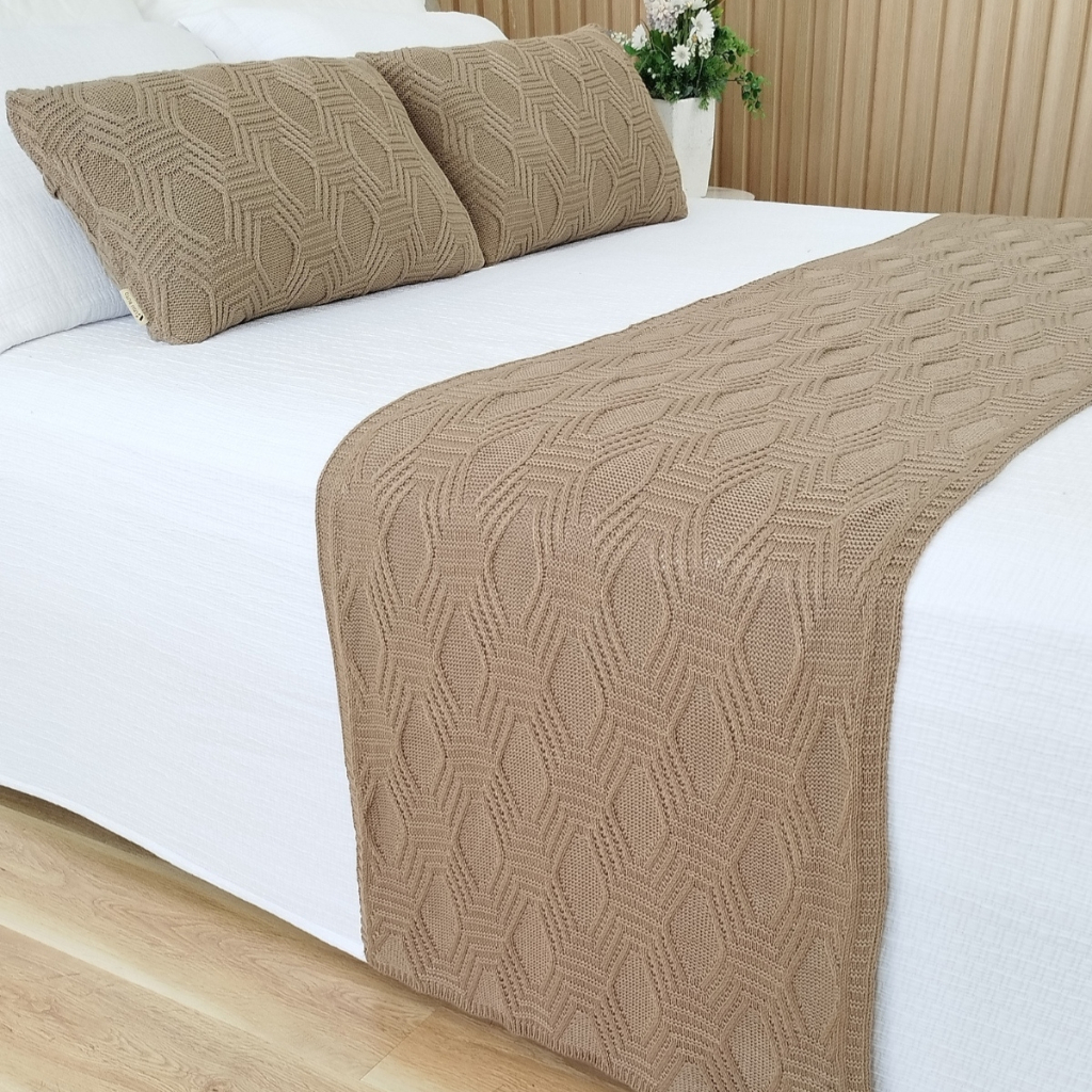 Peseira Manta Tricô Cama Casal Queen Sofá Sala 230x60cm +2 Capa de Almofada 60x40cm N02