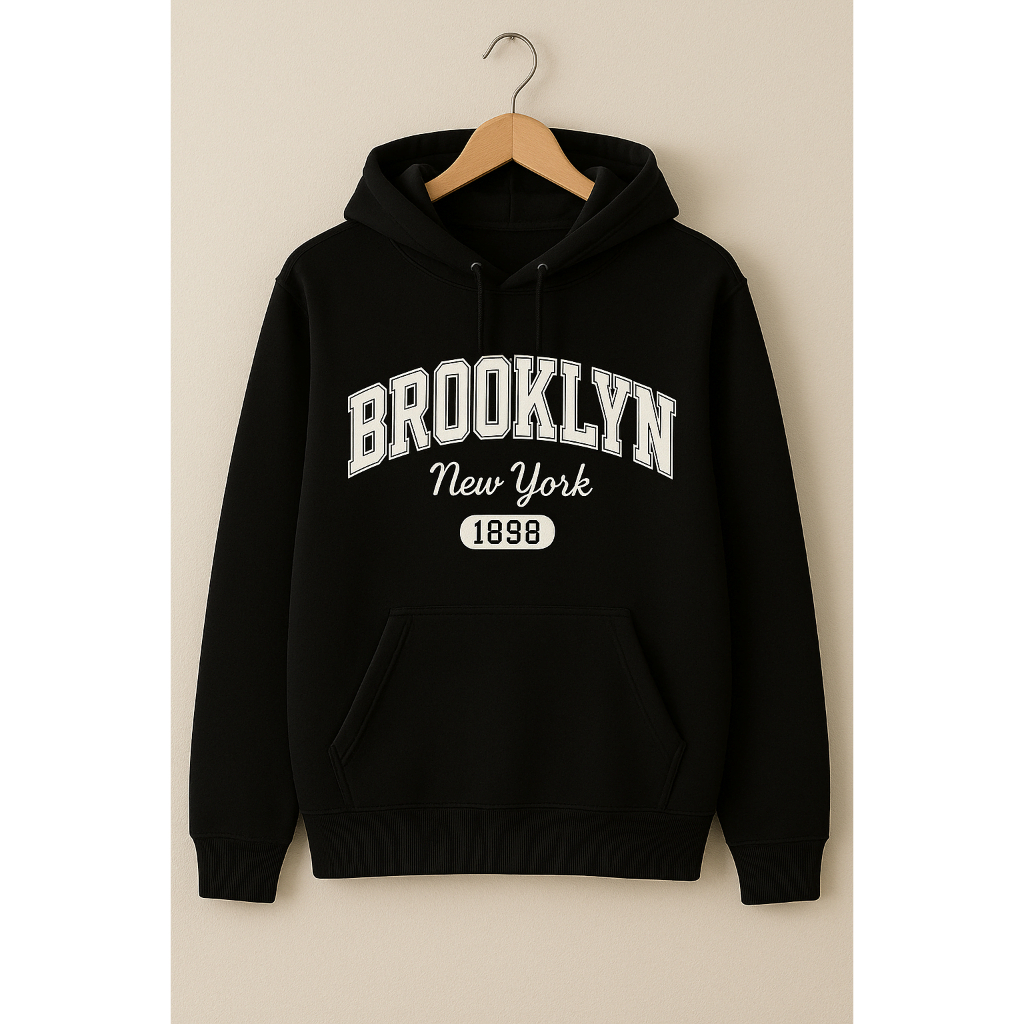 Blusa De Frio Moletom Casaco Inverno Estampado Com Capuz E Bolsos Canguru Relaxado Brooklyn NY