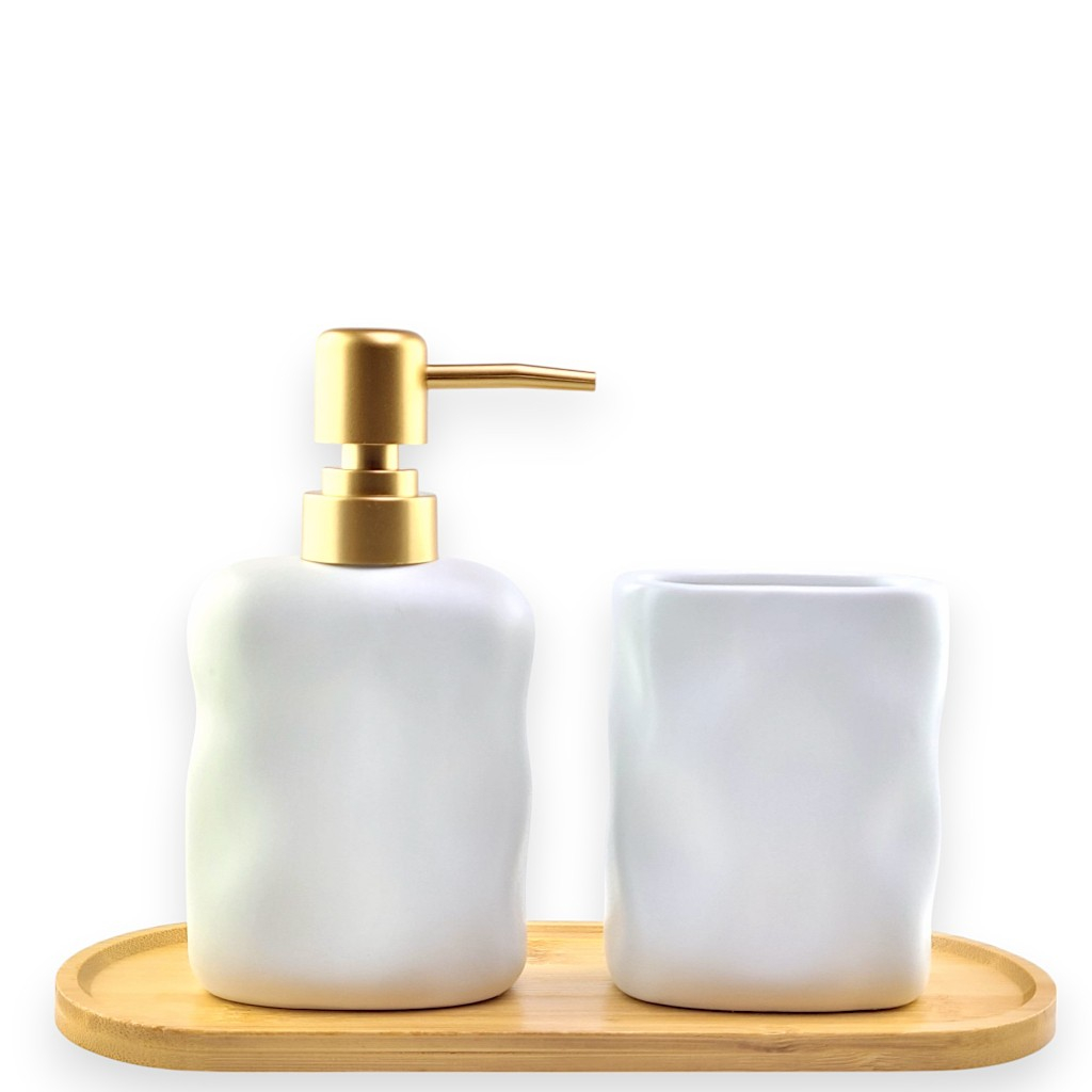 Kit para Lavabo Banheiro Dispenser Porta Sabonete e Copo Porta Escova Branco e Bandeja Bam...