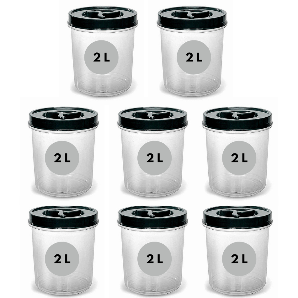 Jogo 8 Pote Mantimento Redondo Transparente de 2 Litros TAMPA DE ROSCA Café Cereais Farinha Açúcar