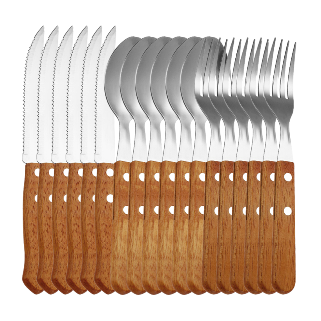 Jogo De Talheres 18 Peças Faqueiro Inox Com Cabo De Madeira Kit de Talheres para Churrasco
