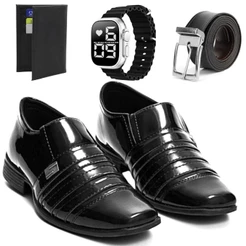 Kit Sapato Social verniz Italiano Classico + relógio + cinto e carteira