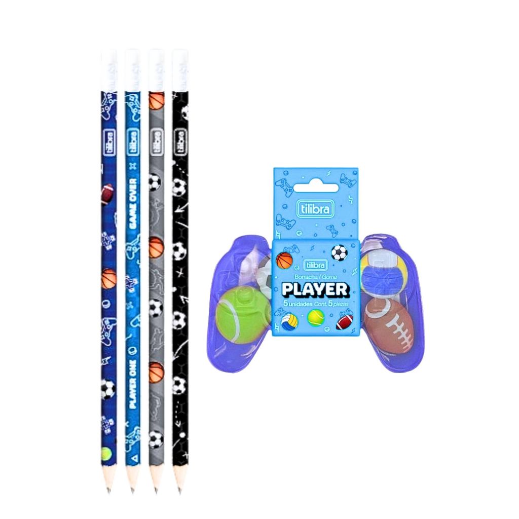 KIT BORRACHA PLAYER 5 UNID + 4 LÁPIS HB TILIBRA em Oferta na Shopee