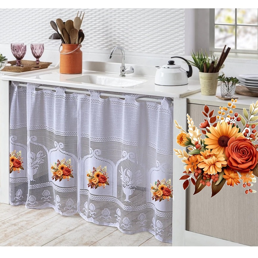 Cortina de Pia Renda Moderna 160cm x 80cm Cozinha Decorada Estampada