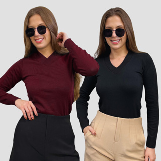 Kit 2 Blusa Feminina De Frio Tricô Suéter Manga Longa Decote V Lã Elastano em Oferta na Shopee