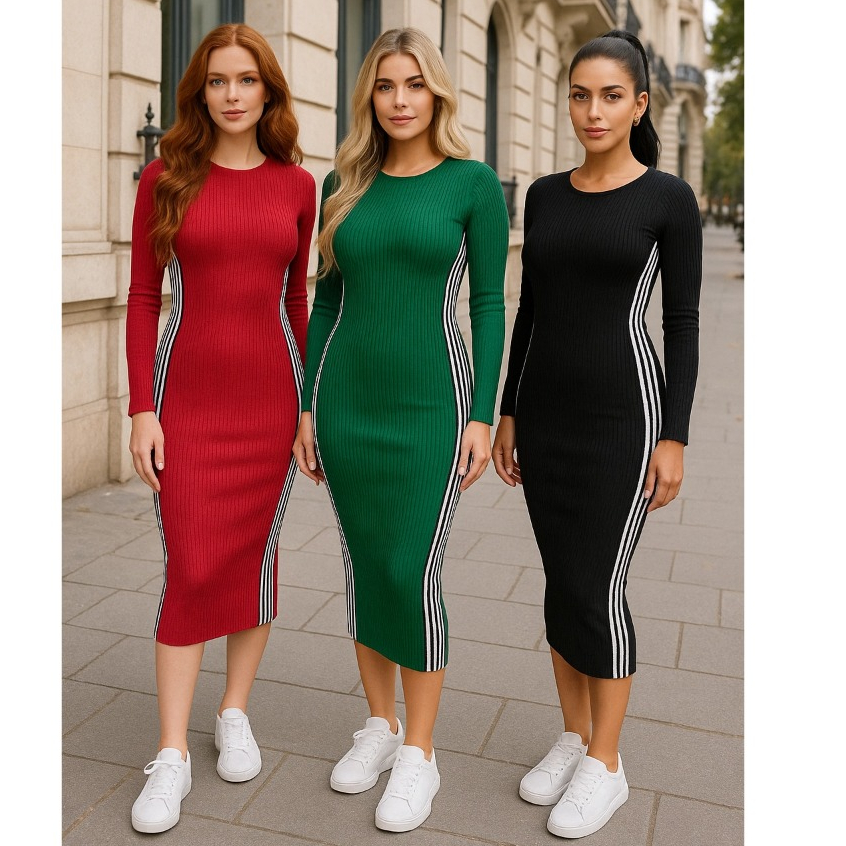 Vestido de manga longa midi com listras na lateral, adids  em malha canelada premium  -ZOE