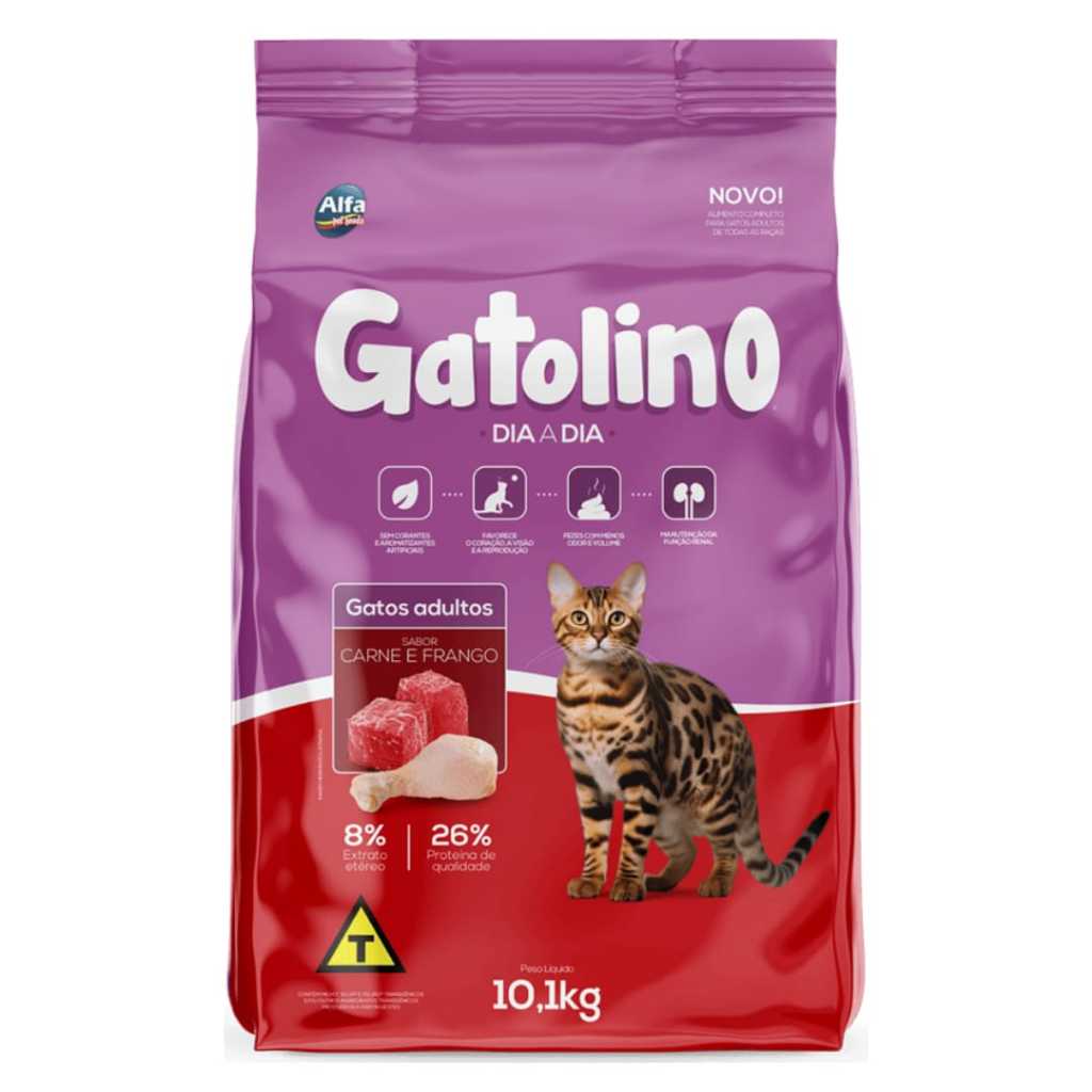 Ração Gatolino Dia a Dia Adulto 10.1kg Sabor Carne e Frango Sem Corante