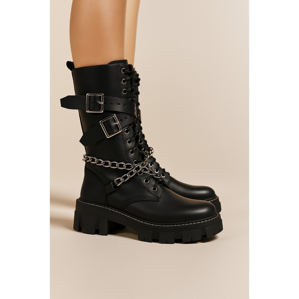 Coturno Feminino Preto Tratorado com Corrente e Fivelas – Conforto, Estilo e Durabilidade