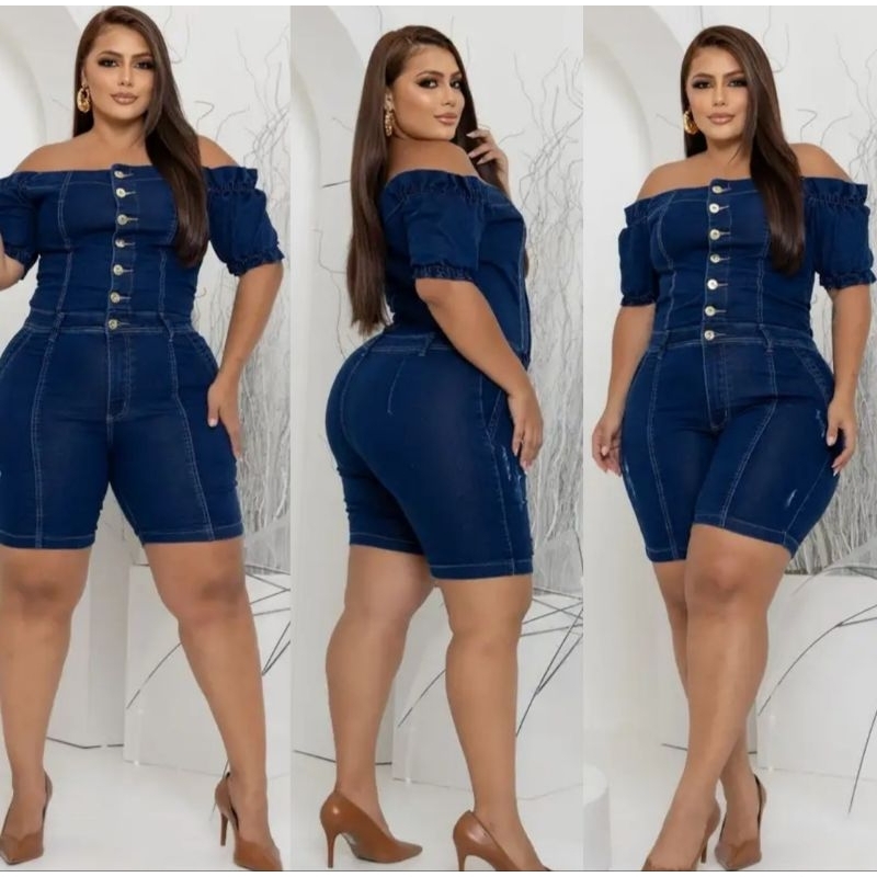 Macacão Curto Plus Size Ciganinha Ombro a Ombro Jardineira Short Jeans Plus Size Strech Modeleador Feminino 52/54/56