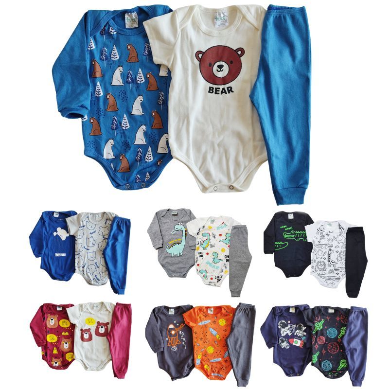 Kit Body 15 Peças Bebê Menino 5 Trijuntos Tamanho RN ao GG