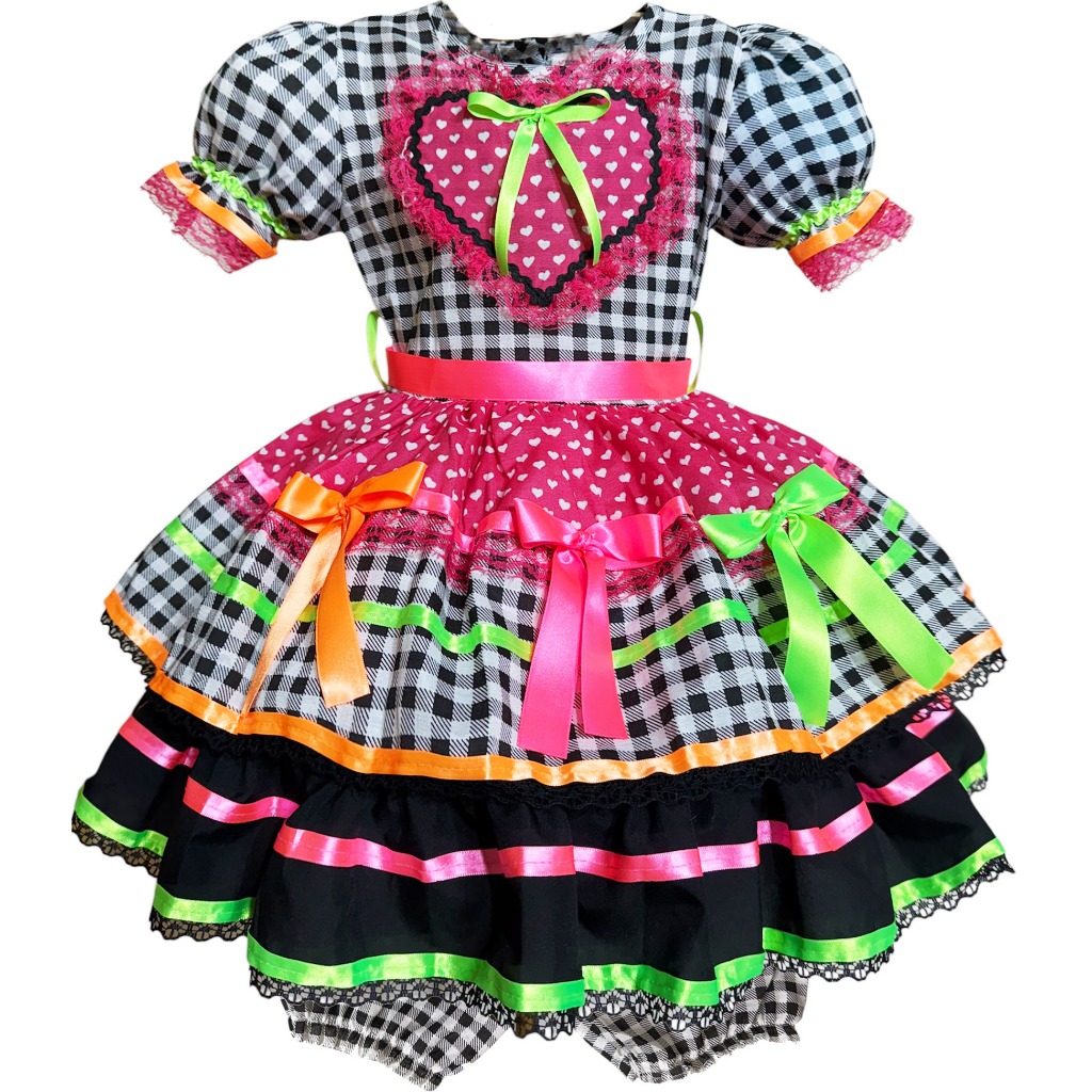 Vestido Festa Junina Infantil Xadrez Neon Menina Quadrilha Rodado Caipira Luxo São João