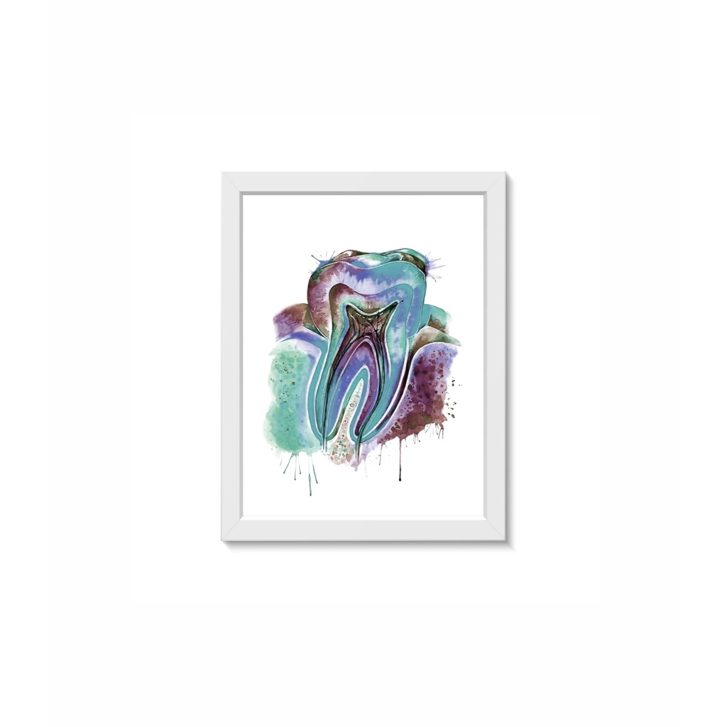 Quadro Decorativo Dente Aquarela Azul Decoração Consultório de Odontologia Moldura 20x30cm Madeira