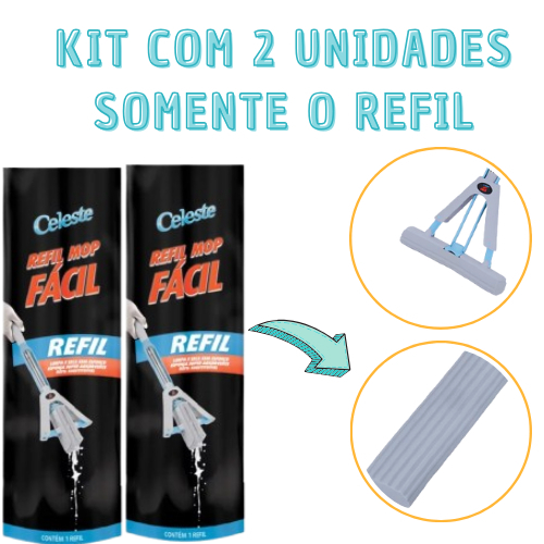 Kit Refil 2 Unidades Rodo Mop Fácil Celeste Enxuga E Varre Chão Banheiro Cozinha Limpeza