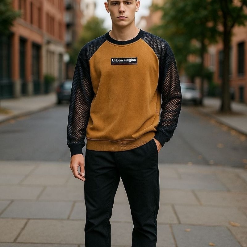 Camiseta Manga Longa de Malha Suede e Tela Arrastao Moda Masculina