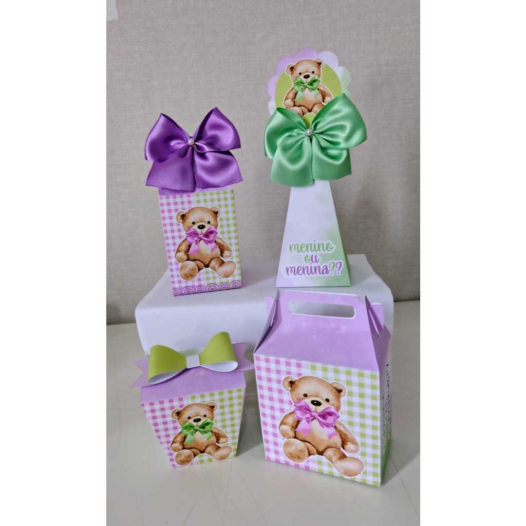 PEGUE E MONTE - KIT PERSONALIZADO CHÁ REVELAÇAO  URSINHOS LILÁS E VERDE ,festa,lembrancinhas e caixas