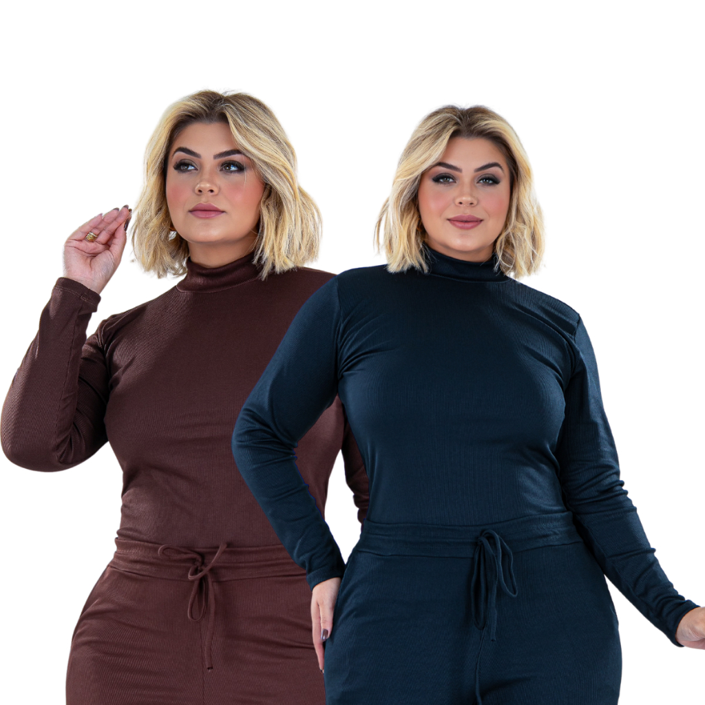 Kit 2 Blusa Feminina Plus Size Manga Longa Gola Alta Moderna Casual Varias Cores Curve até G4