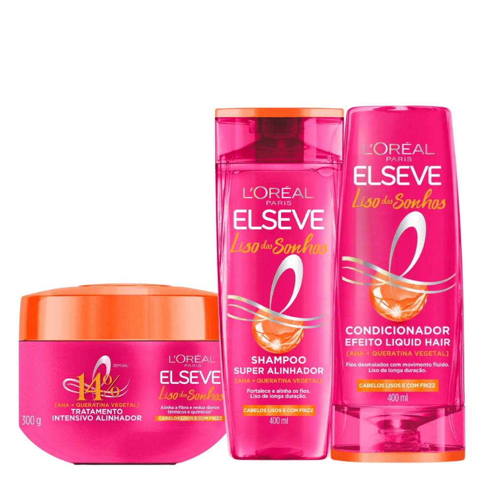 Kit Elseve Super Alinhador Liso dos Sonhos com Shampoo + Condicionador + Máscara de Tratamento – Versão 400mL em Oferta na Shopee