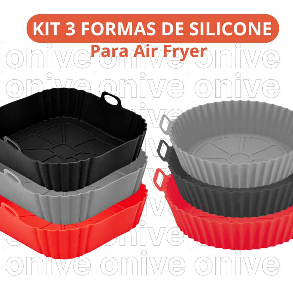Kit 3 Formas de Silicone Air Fryer Premium Quadrada e Redonda 18cm